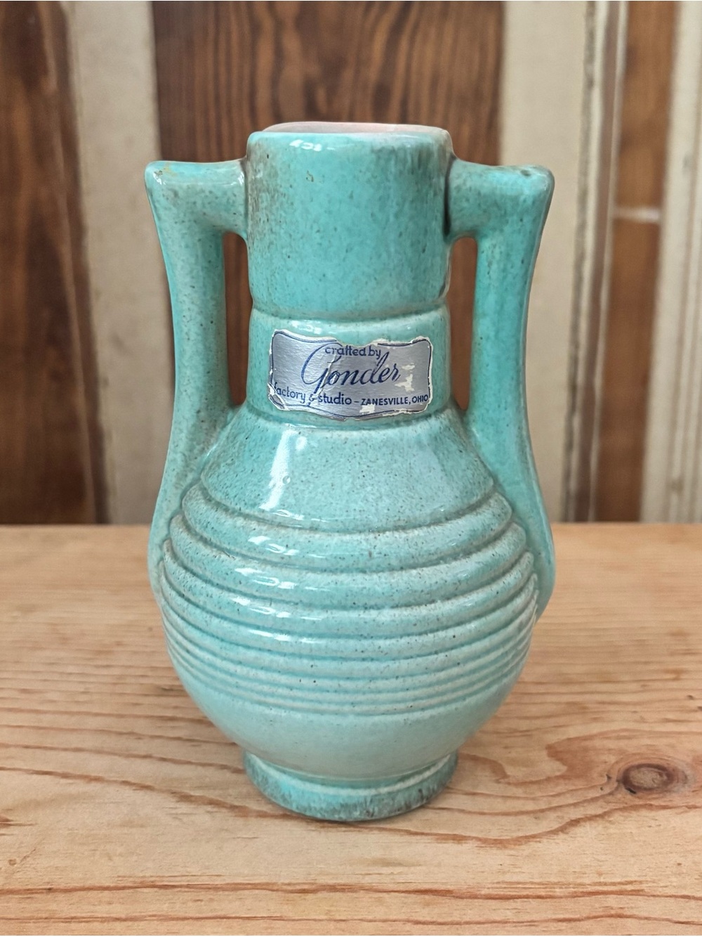 Gonder Art Pottery Double Handled Vase-Blue Green-6.5” tall